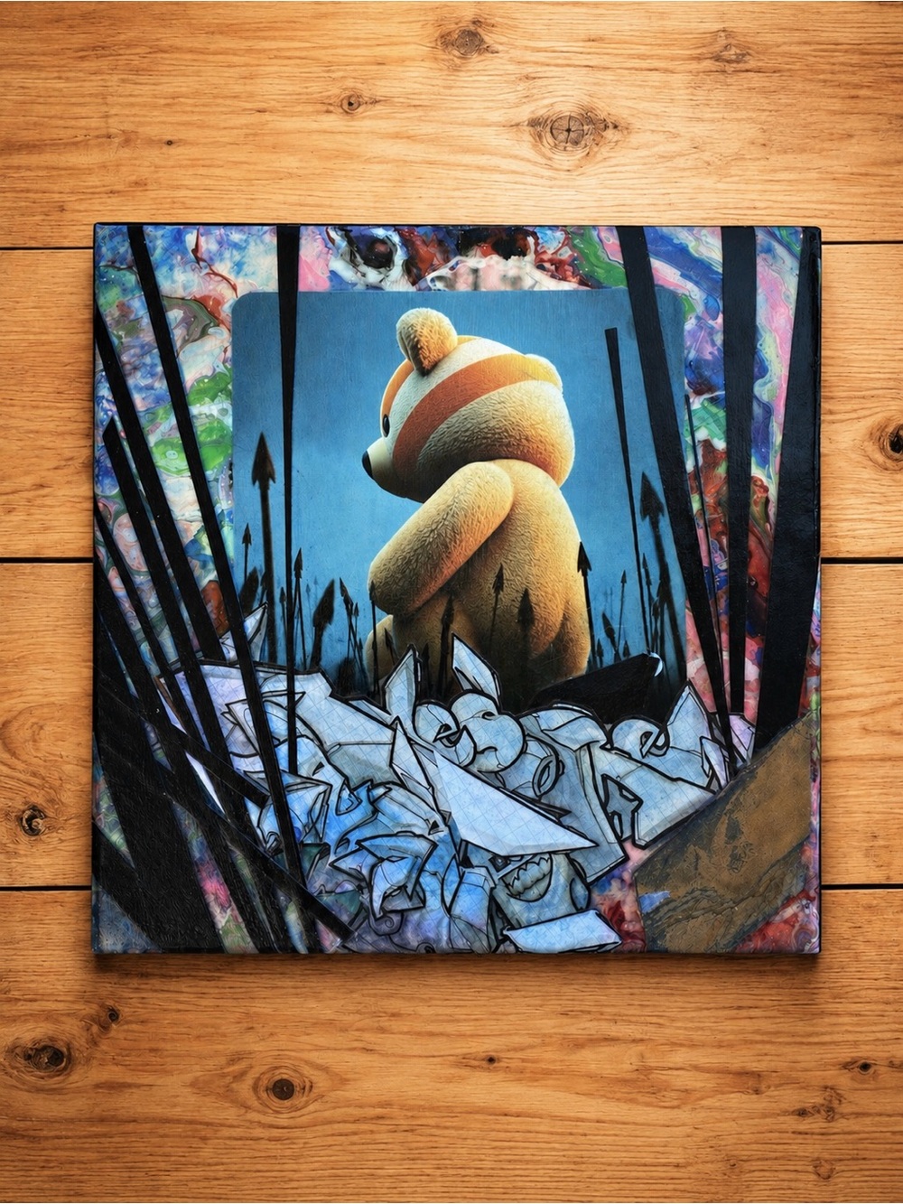 EYESORE Battlefield Bear Mixed Media Canvas Artwork Pop Surrealism 12.5"